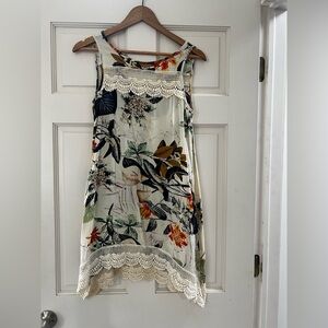 Tropical Floral Mini Dress with Lace Accents